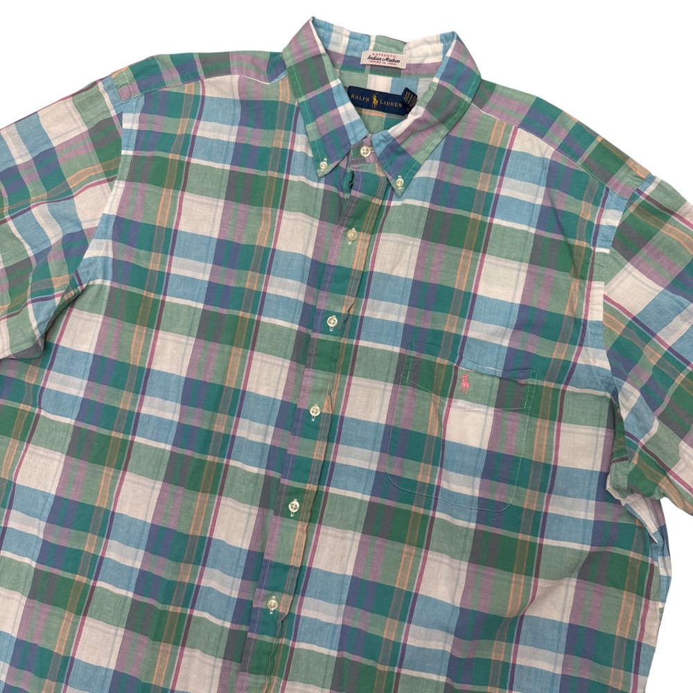 Ralph Lauren Madras Shirt Mens 2XLT Blue Green Plaid Short Sleeve Button Down